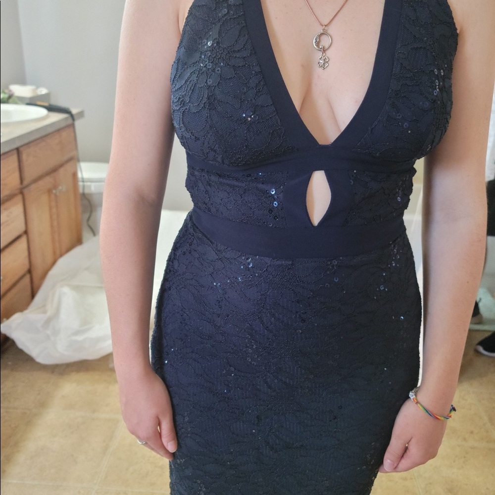 Navy Lace Prom Dress - Picture 4 of 6